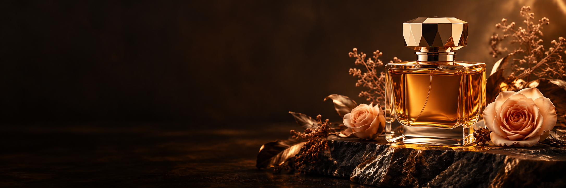 Amber fragrance bottle and warm florals against a dark background