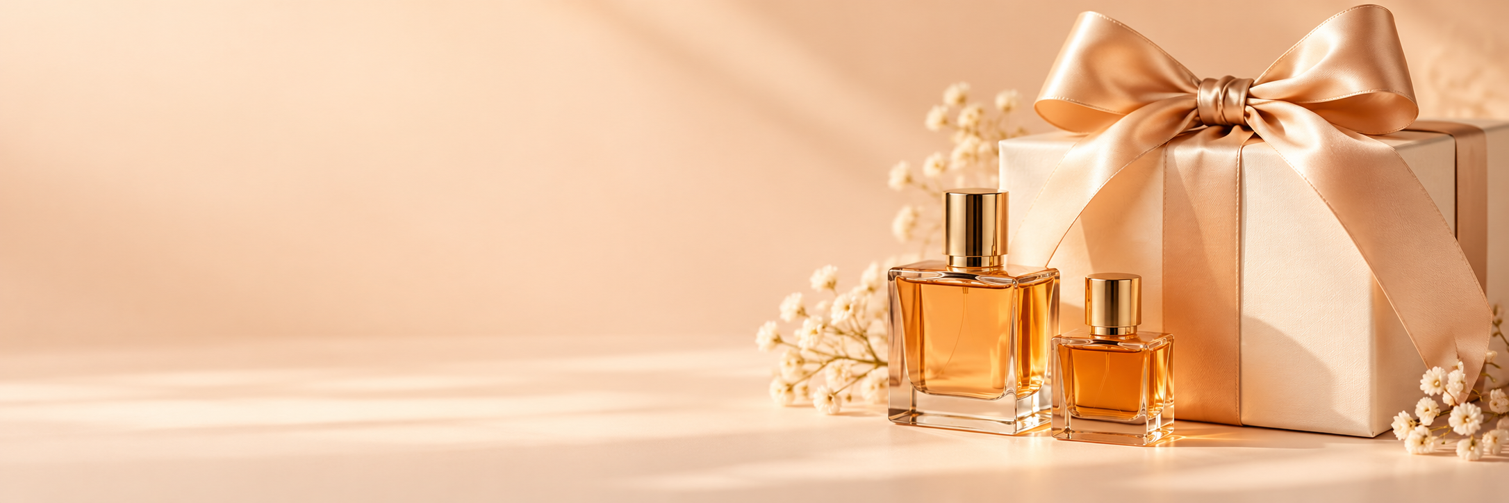Ivory gift box with a satin bow and fragrance bottles