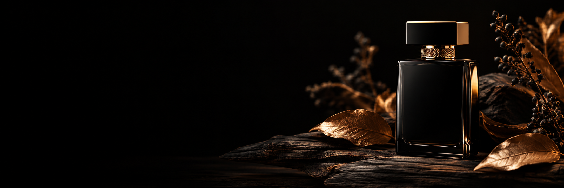 Black fragrance bottle with warm copper botanical details